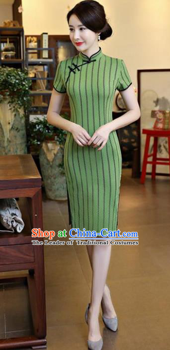 Chinese National Costume Tang Suit Qipao Dress Traditional Green Linen Cheongsam for Women