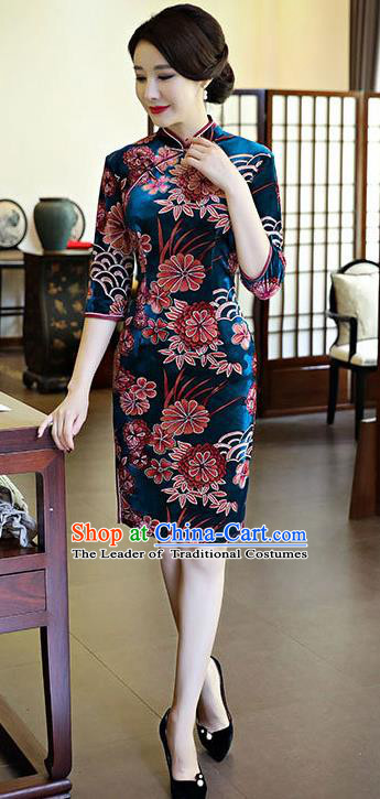 Chinese National Costume Handmade Peacock Blue Velvet Qipao Dress Traditional Tang Suit Printing Chrysanthemum Cheongsam for Women