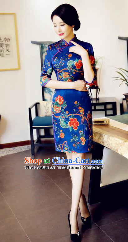 Chinese National Costume Handmade Tang Suit Blue Qipao Dress Traditional Printing Flowers Cheongsam for Women