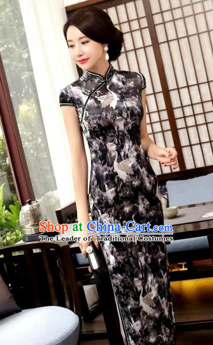 Chinese National Costume Handmade Tang Suit Black Qipao Dress Traditional Printing Crane Cheongsam for Women