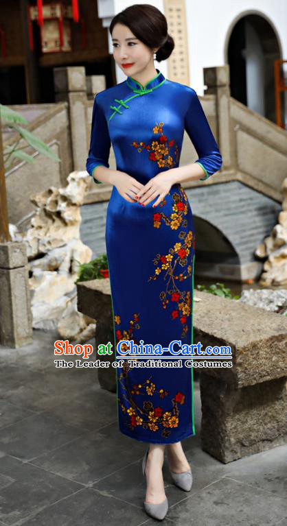 Chinese National Costume Tang Suit Blue Pleuche Qipao Dress Traditional Cheongsam for Women