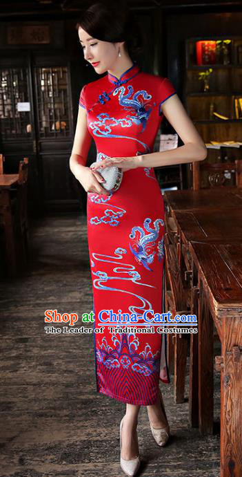 Chinese National Costume Tang Suit Qipao Dress Traditional Republic of China Red Silk Cheongsam for Women