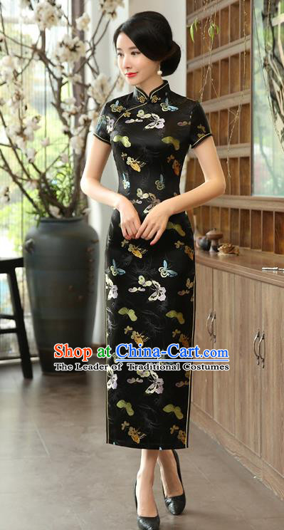 Chinese National Costume Tang Suit Qipao Dress Traditional Republic of China Black Brocade Cheongsam for Women