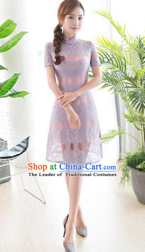 Chinese National Costume Tang Suit Lilac Lace Qipao Dress Traditional Republic of China Cheongsam for Women