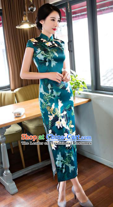 Chinese National Costume Retro Printing Green Satin Qipao Dress Traditional Republic of China Tang Suit Cheongsam for Women