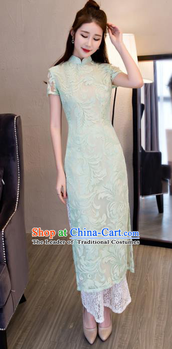 Chinese National Costume Retro Green Lace Qipao Dress Traditional Republic of China Tang Suit Cheongsam for Women