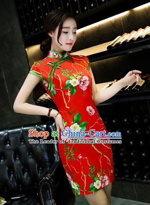 Chinese Top Grade Retro Printing Red Short Qipao Dress Traditional Republic of China Tang Suit Cheongsam for Women