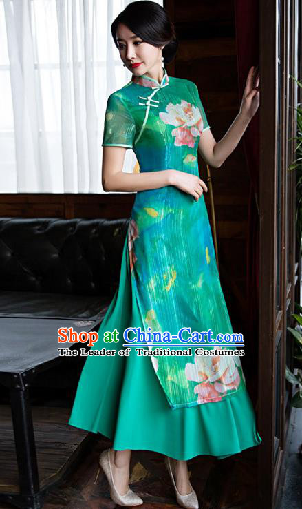 Chinese Top Grade Retro Printing Lotus Green Qipao Dress Traditional Republic of China Tang Suit Cheongsam for Women