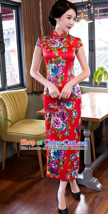 Chinese Top Grade Elegant Printing Peony Flowers Red Silk Qipao Dress Traditional Republic of China Tang Suit Cheongsam for Women