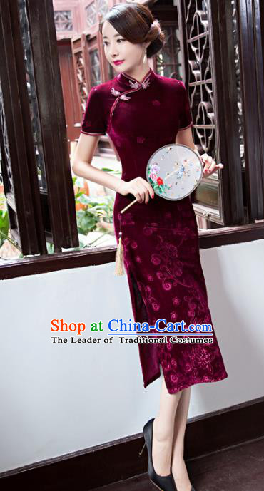 Top Grade Chinese Elegant Cheongsam Traditional China Tang Suit Wine Red Velvet Qipao Dress for Women