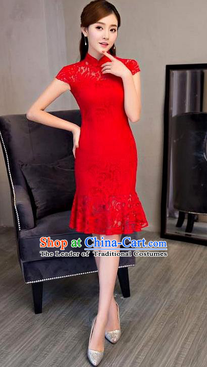 Chinese Top Grade Elegant Qipao Dress Traditional Republic of China Tang Suit Red Lace Short Cheongsam for Women