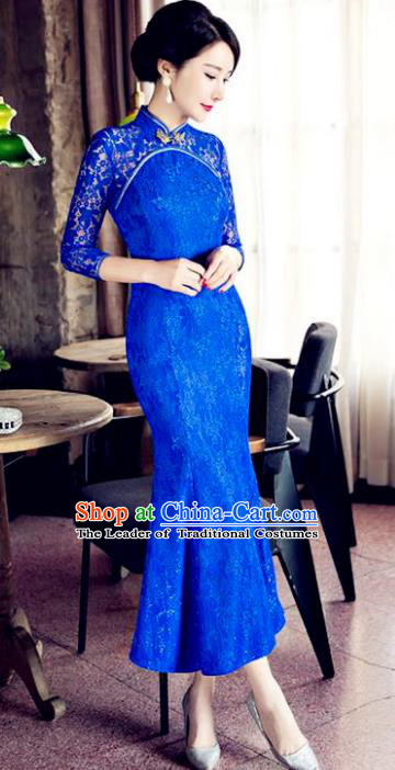 Chinese Top Grade Elegant Qipao Dress Traditional Republic of China Tang Suit Royalblue Lace Cheongsam for Women