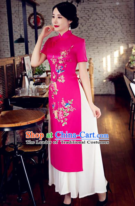 Chinese Top Grade Elegant Printing Peony Rosy Cheongsam Traditional Republic of China Tang Suit Qipao Dress for Women