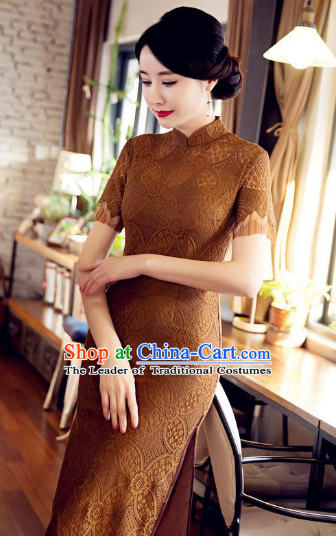 Chinese Top Grade Elegant Cheongsam Traditional Republic of China Tang Suit Ginger Lace Qipao Dress for Women