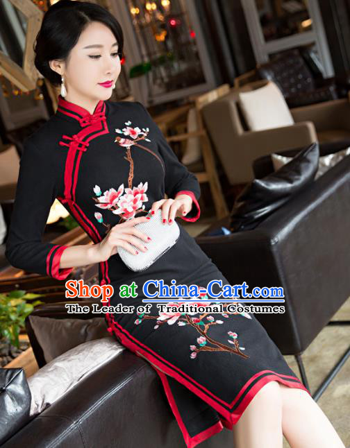 Top Grade Chinese Elegant Black Woolen Cheongsam Traditional China Tang Suit Qipao Dress for Women