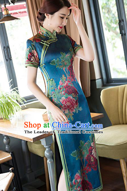 Traditional Top Grade Chinese Elegant Printing Blue Silk Cheongsam China Tang Suit Qipao Dress for Women