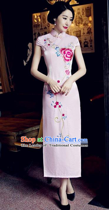 Traditional Top Grade Chinese Elegant Printing Peony Pink Cheongsam China Tang Suit Qipao Dress for Women