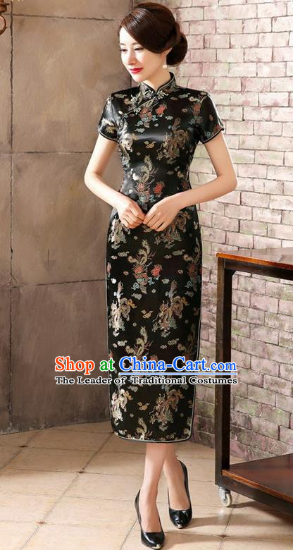 Traditional Chinese Elegant Phoenix Cheongsam China Tang Suit Black Brocade Qipao Dress for Women