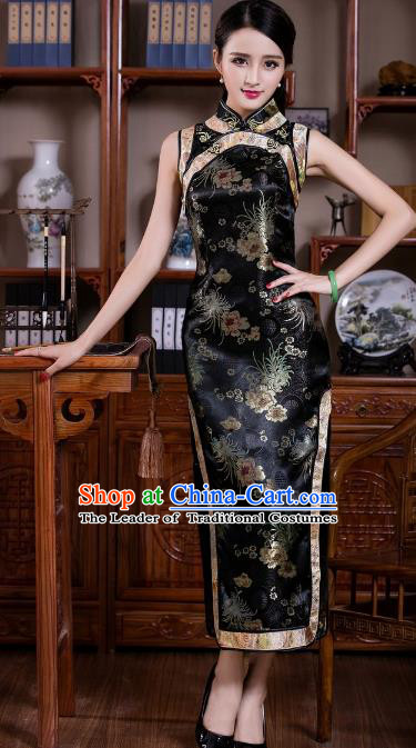 Chinese Traditional Costume Graceful Chrysanthemum Cheongsam China Tang Suit Black Brocade Qipao Dress for Women