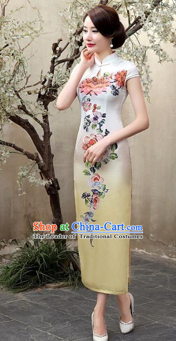 Chinese Traditional Costume Printing Flowers Yellow Cheongsam China Tang Suit Silk Qipao Dress for Women