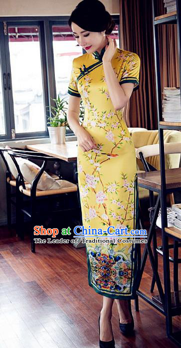 Chinese Traditional Costume Printing Flowers Yellow Cheongsam China Tang Suit Silk Qipao Dress for Women