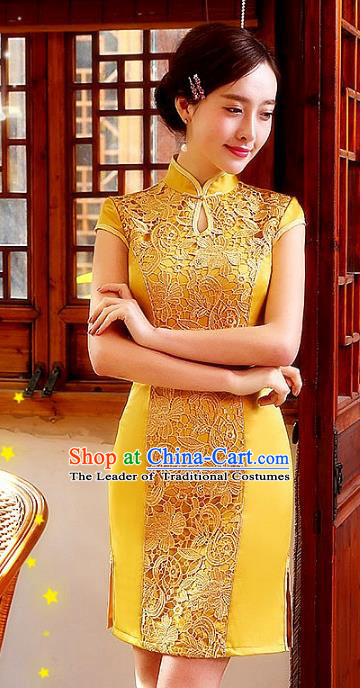 Chinese Traditional Costume Cheongsam China Tang Suit Yellow Lace Qipao Dress for Women