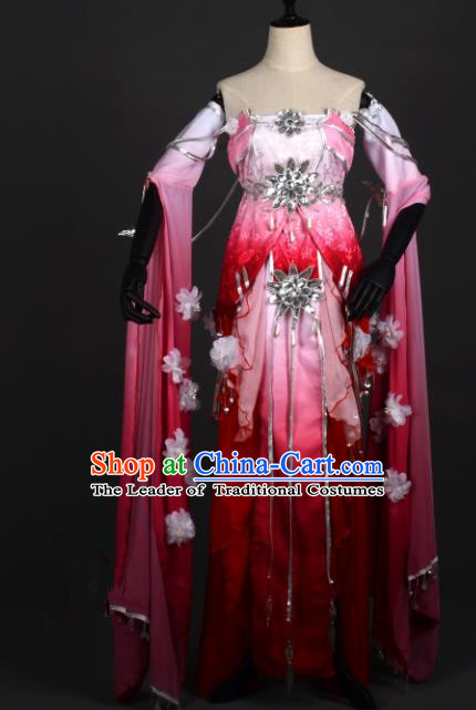 Chinese Ancient Female Knight-errant Rosy Costume Cosplay Swordswoman Dress Hanfu Clothing for Women