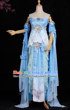 Chinese Ancient Swordswoman Costume Cosplay Tang Dynasty Princess Blue Dress Hanfu Clothing for Women