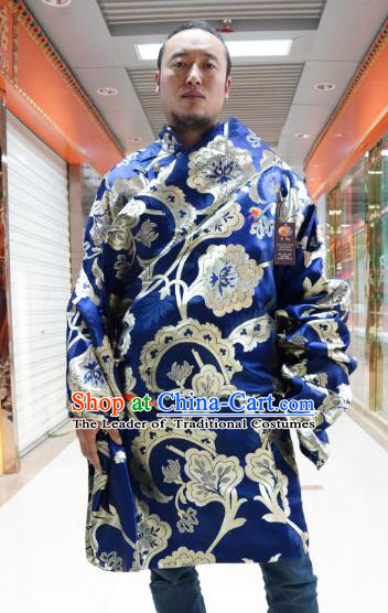 Chinese Traditional Zang Nationality Blue Tibetan Robe, China Tibetan Ethnic Heishui Dance Costume for Men