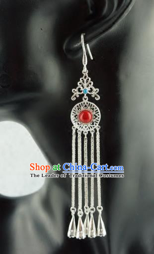 Chinese Traditional Zang Nationality Earrings Accessories, China Tibetan Ethnic Silver Tassel Eardrop for Women