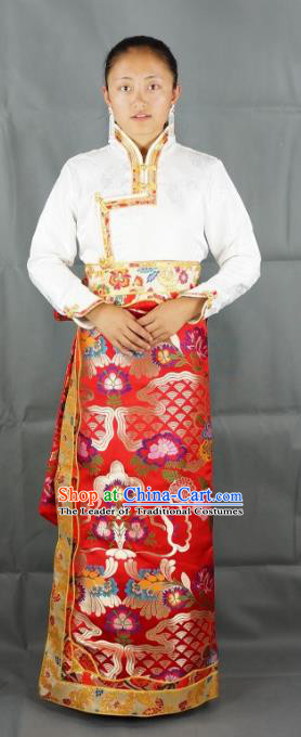 Chinese Traditional Zang Nationality Red Brocade Bust Skirt, China Tibetan Ethnic Heishui Dance Costume for Women