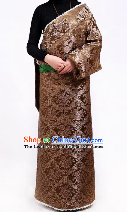 Chinese Zang Nationality Brown Brocade Tibetan Robe, China Traditional Tibetan Ethnic Heishui Dance Costume for Women