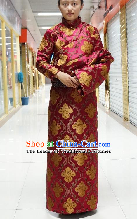 Chinese Zang Nationality Wine Red Satin Tibetan Robe, China Traditional Tibetan Ethnic Heishui Dance Costume for Women