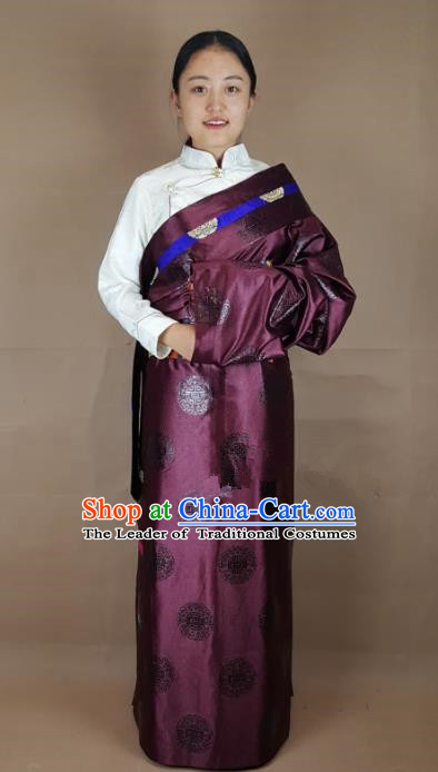 Chinese Zang Nationality Purple Brocade Tibetan Robe, China Traditional Tibetan Ethnic Costume for Women