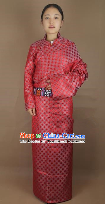 Chinese Zang Nationality Folk Dance Red Brocade Tibetan Robe, China Traditional Tibetan Ethnic Costume for Women