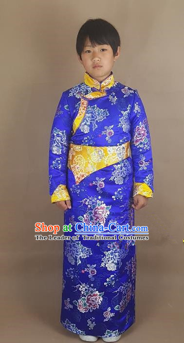 Chinese Traditional Zang Nationality Children Royalblue Tibetan Robe, China Tibetan Ethnic Heishui Dance Costume for Kids