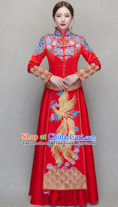 Chinese Traditional Wedding Bottom Drawer Ancient Bride Costume Embroidered Phoenix Xiuhe Suit Full Dress for Women