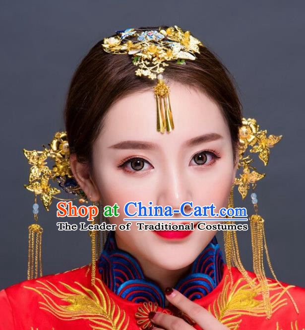 Chinese Traditional Hair Accessories Xiuhe Suit Handmade Blueing Lotus Phoenix Coronet Ancient Hairpins Tassel Step Shake for Women