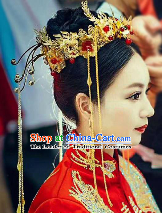 Chinese Traditional Wedding Xiuhe Suit Phoenix Coronet Hair Accessories Ancient Hairpins Complete Set for Women