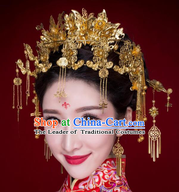 Chinese Traditional Wedding Xiuhe Suit Golden Butterfly Phoenix Coronet Hair Accessories Ancient Hairpins Complete Set for Women