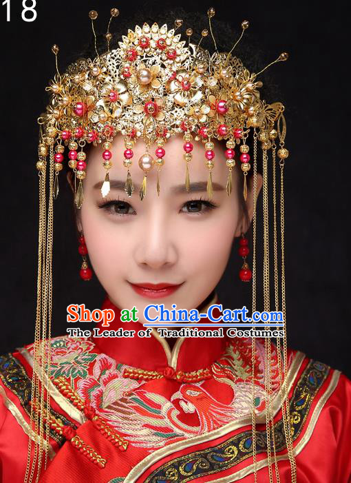 Chinese Traditional Xiuhe Suit Hair Accessories Ancient Hairpins Wedding Tassel Phoenix Coronet Complete Set for Women