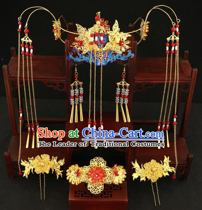 Chinese Traditional Xiuhe Suit Hair Accessories Ancient Empress Blueing Phoenix Coronet Hairpins Complete Set for Women