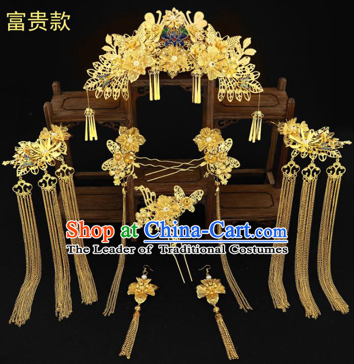 Chinese Traditional Xiuhe Suit Hair Accessories Complete Set Ancient Empress Blueing Phoenix Coronet Hairpins for Women