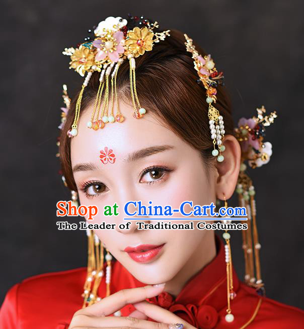 Chinese Traditional Handmade Hair Accessories Ancient Flowers Tassel Hairpins Complete Set for Women