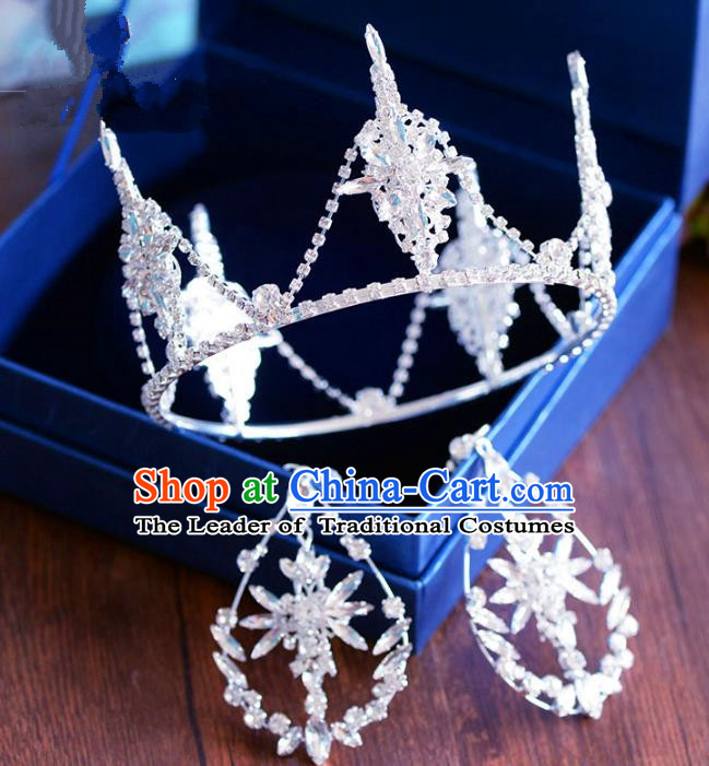 Handmade Baroque Hair Jewelry Accessories Royal Crown Princess Crystal Round Imperial Crown and Earrings for Women