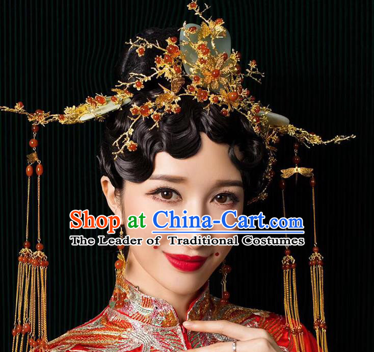 Chinese Ancient Handmade Jade Phoenix Coronet Traditional Xiuhe Suit Hairpins Hair Accessories for Women