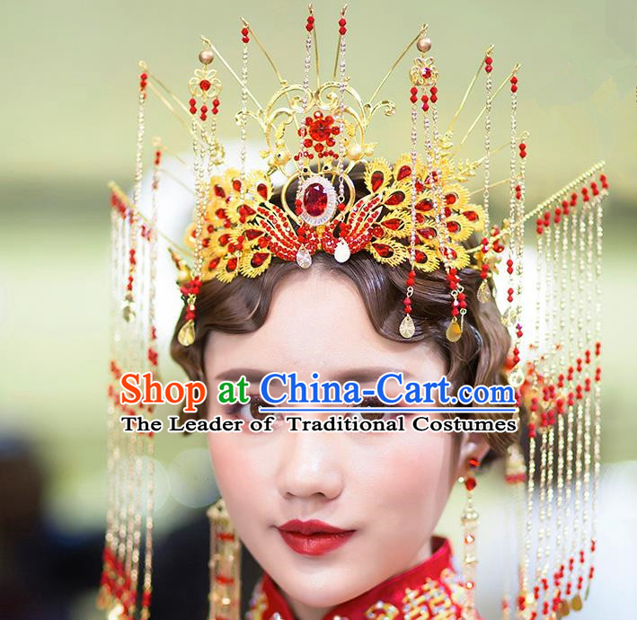 Chinese Ancient Handmade Hair Accessories Bride Phoenix Coronet Traditional Hairpins Complete Set for Women