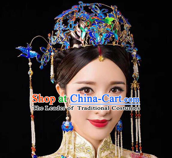 Chinese Ancient Handmade Palace Cloisonne Phoenix Coronet Traditional Hair Accessories Xiuhe Suit Hairpins for Women