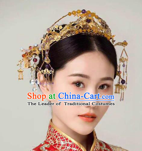 Chinese Ancient Handmade Palace Hair Accessories Phoenix Coronet Traditional Hairpins Complete Set for Women