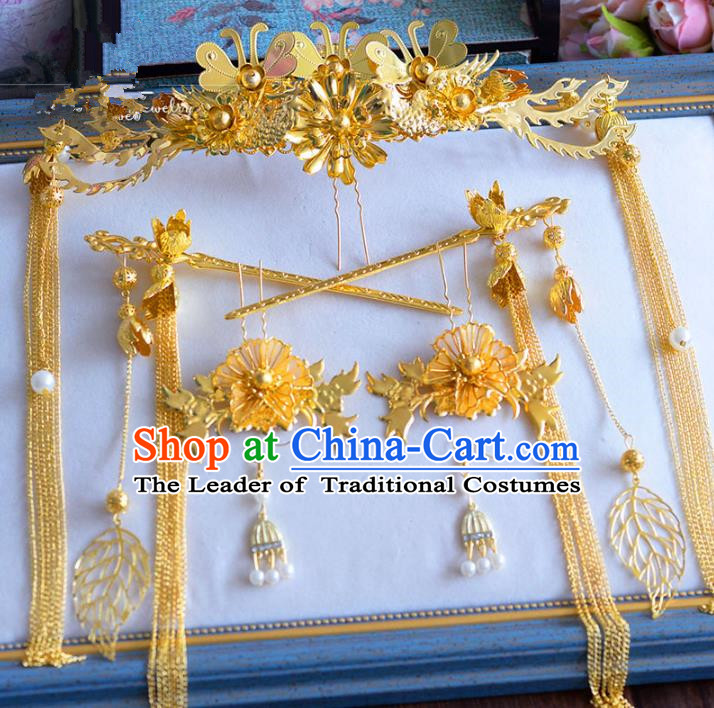 Chinese Ancient Handmade Palace Hair Accessories Golden Phoenix Coronet Traditional Hairpins Complete Set for Women